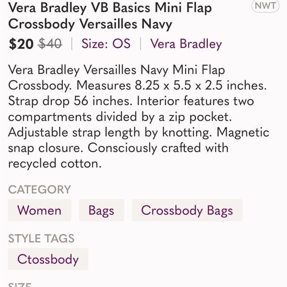 Vera Bradley Navy Versailles Mini Flap Basic Crossbody Polka Dot Interior - Picture 3 of 9